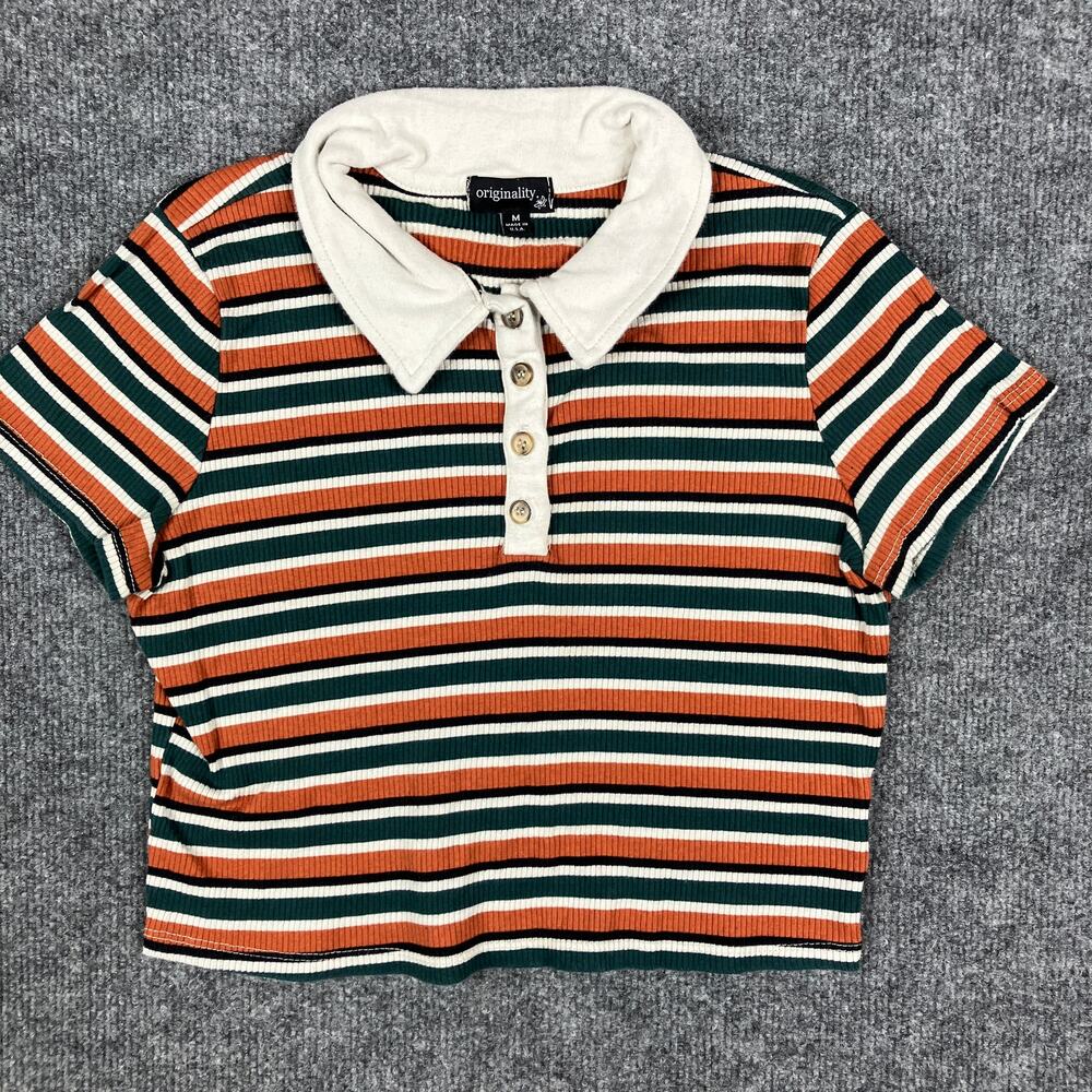 Originality Polo Womens M‎ Striped Ribbed Knit Cropped Retro Shirt Top